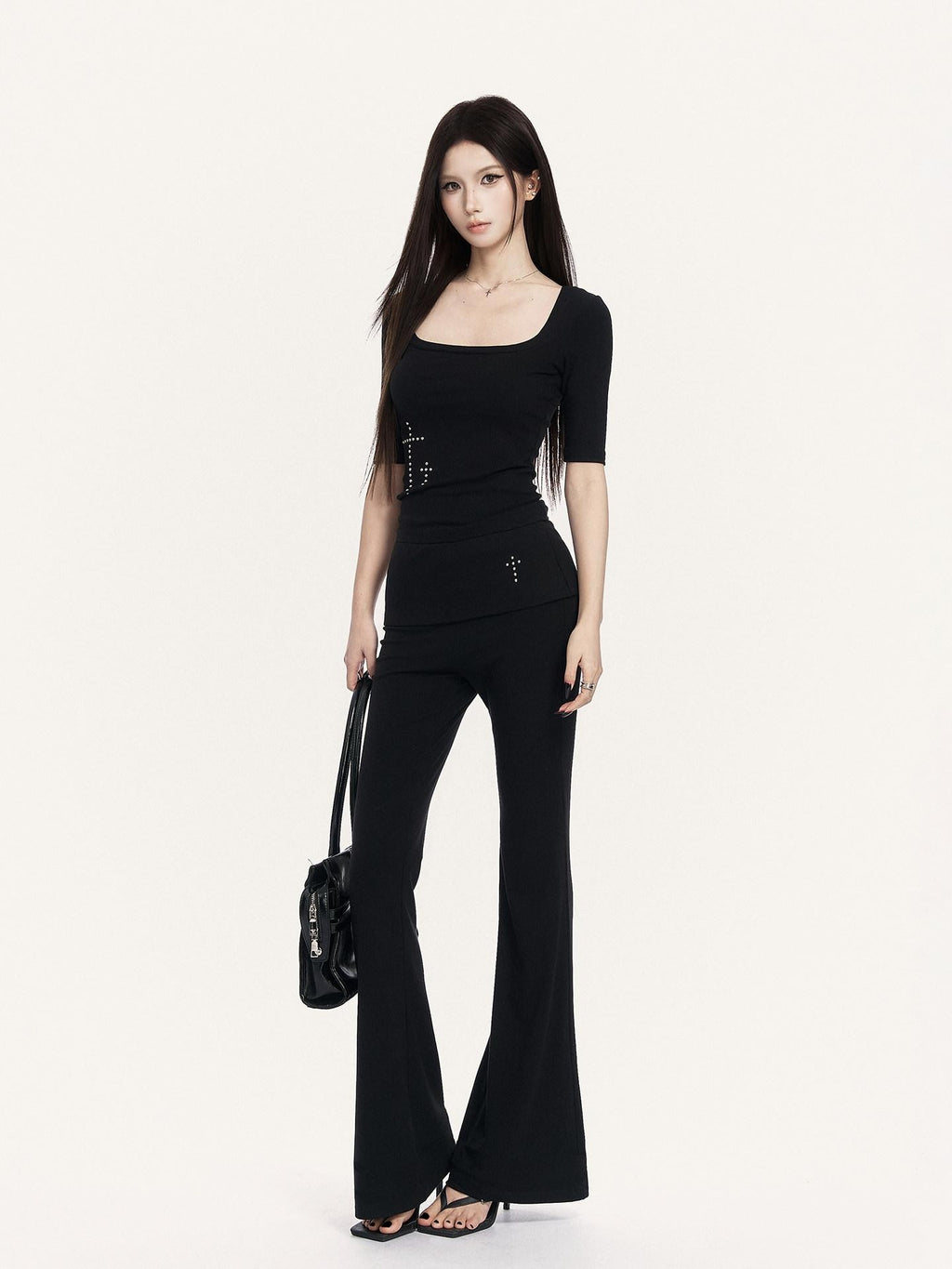 VOCK Square Neck Slim Fit Elastic Wide Fold Hem Women's Flare Pants