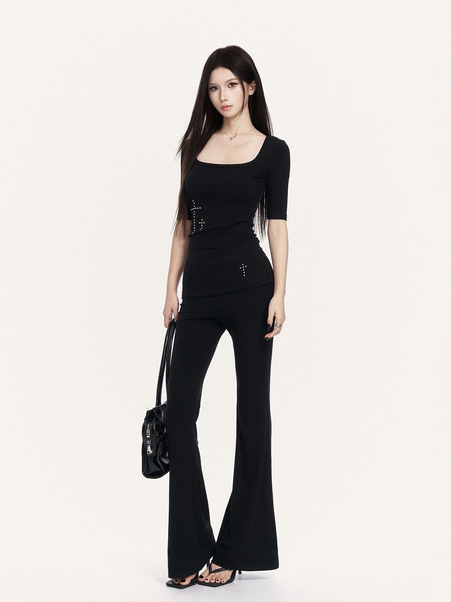 VOCK Square Neck Slim Fit Elastic Wide Fold Hem Women's Flare Pants