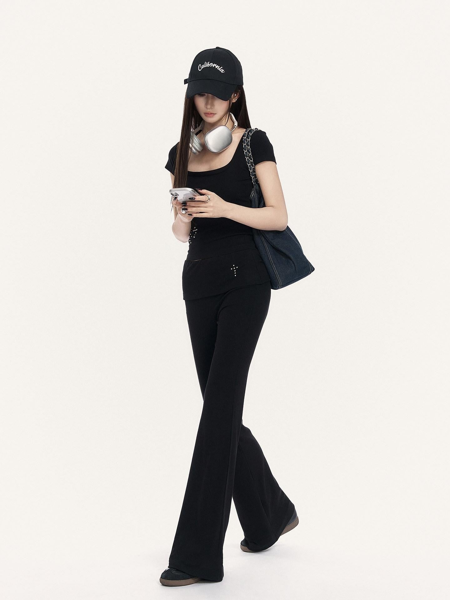 VOCK Square Neck Slim Fit Elastic Wide Fold Hem Women's Flare Pants