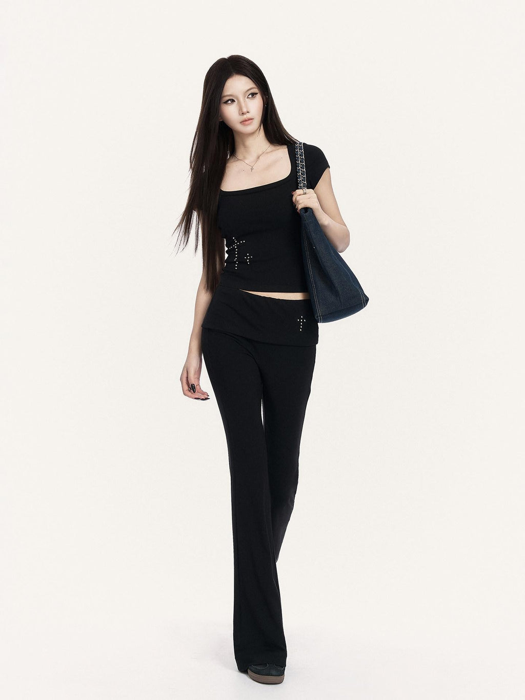 VOCK Square Neck Slim Fit Elastic Wide Fold Hem Women's Flare Pants