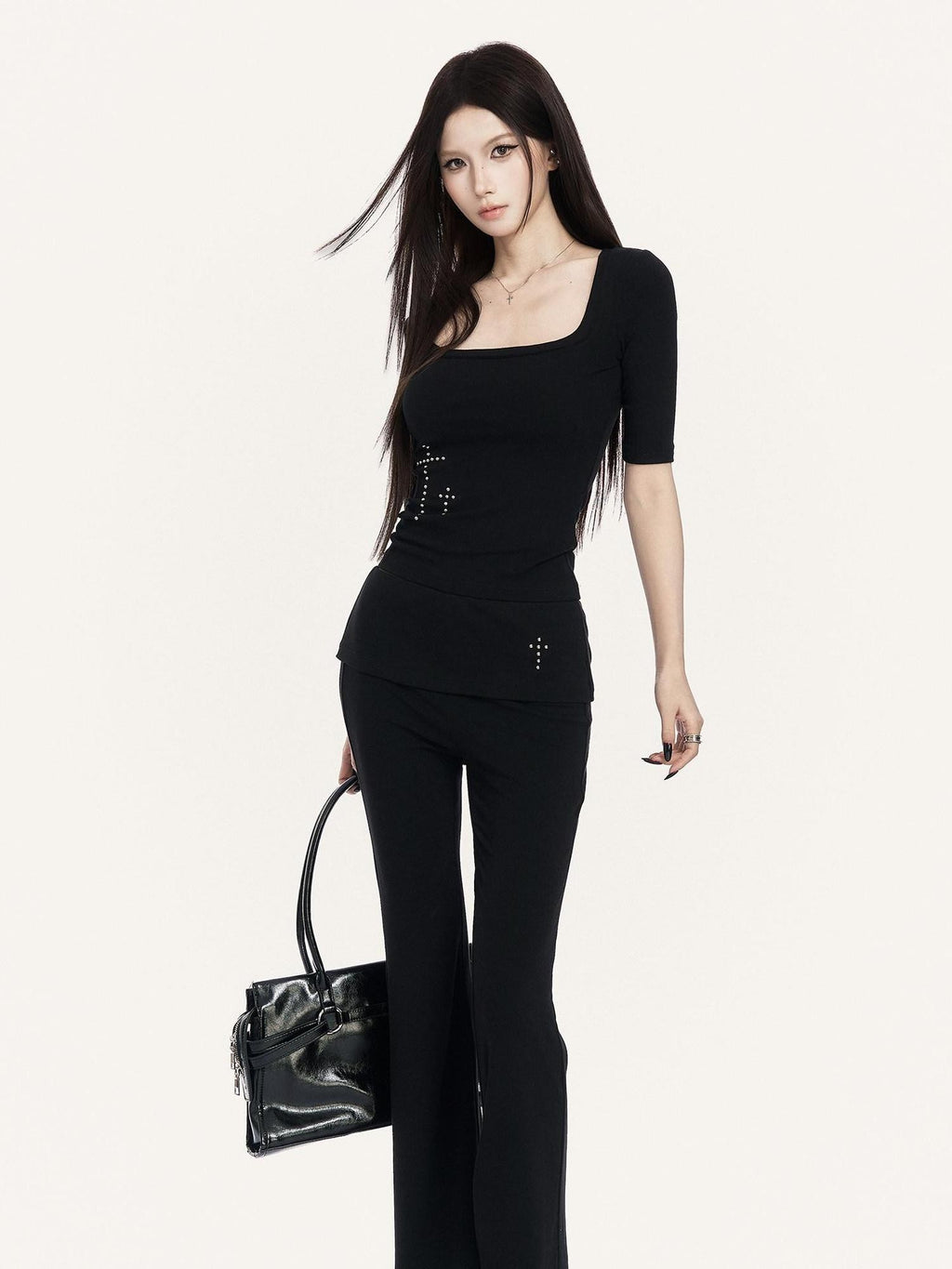 VOCK Square Neck Slim Fit Elastic Wide Fold Hem Women's Flare Pants