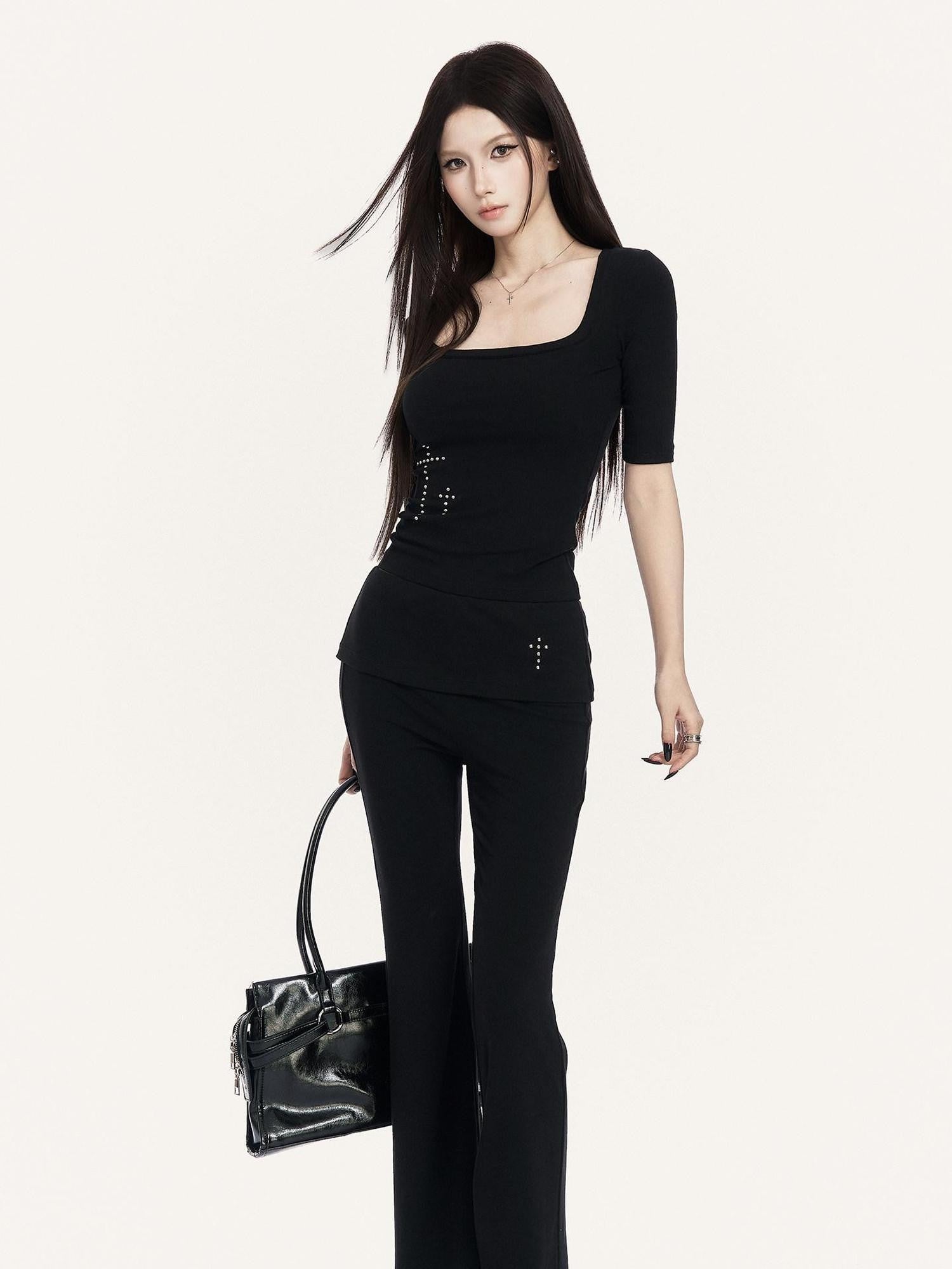 VOCK Square Neck Slim Fit Elastic Wide Fold Hem Women's Flare Pants