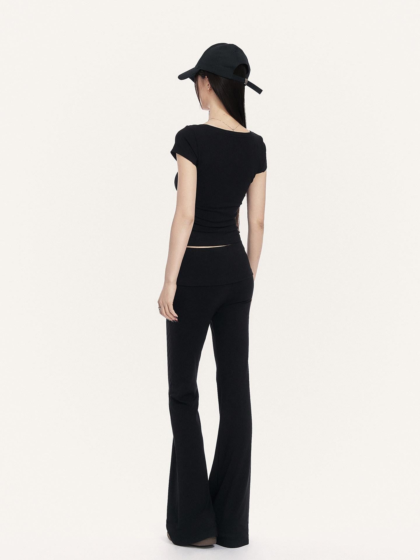 VOCK Square Neck Slim Fit Elastic Wide Fold Hem Women's Flare Pants
