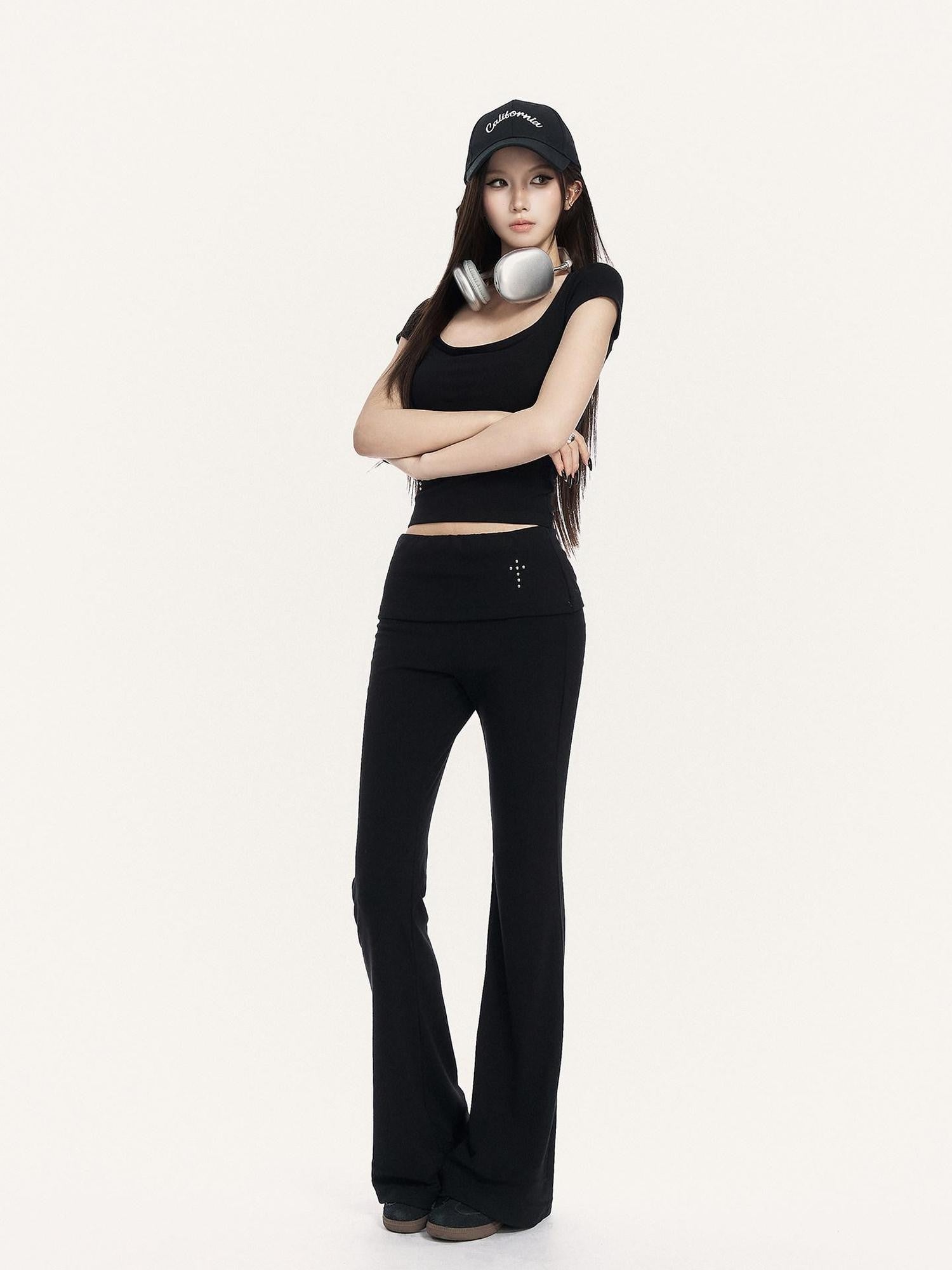 VOCK Square Neck Slim Fit Elastic Wide Fold Hem Women's Flare Pants