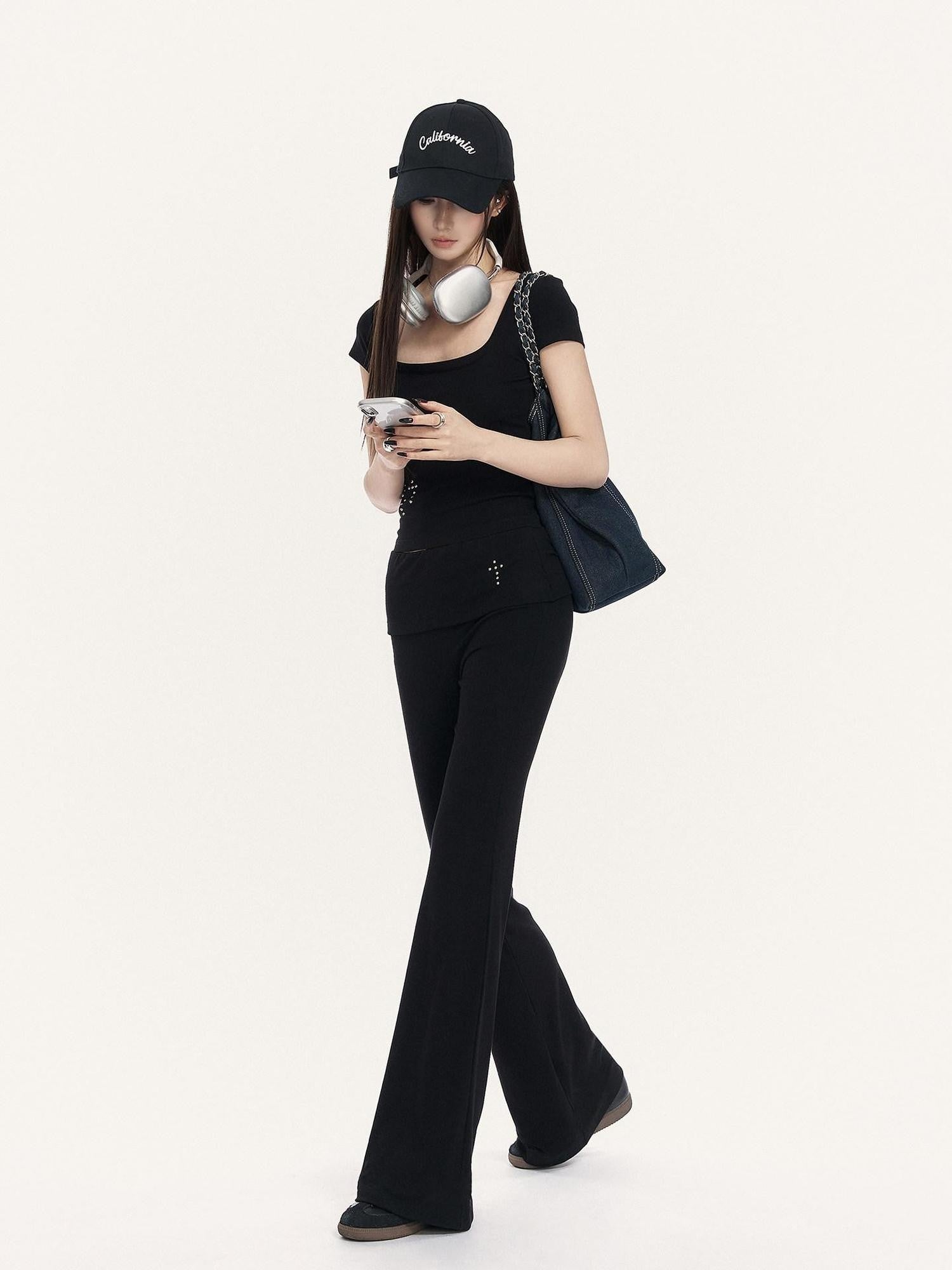 VOCK Square Neck Slim Fit Elastic Wide Fold Hem Women's Flare Pants