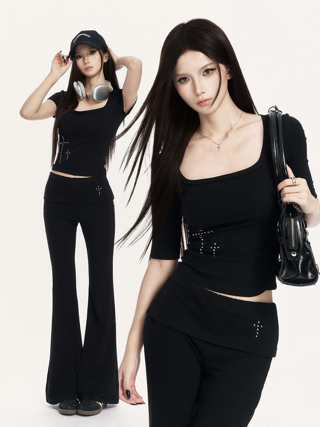 VOCK Square Neck Slim Fit Elastic Wide Fold Hem Women's Flare Pants
