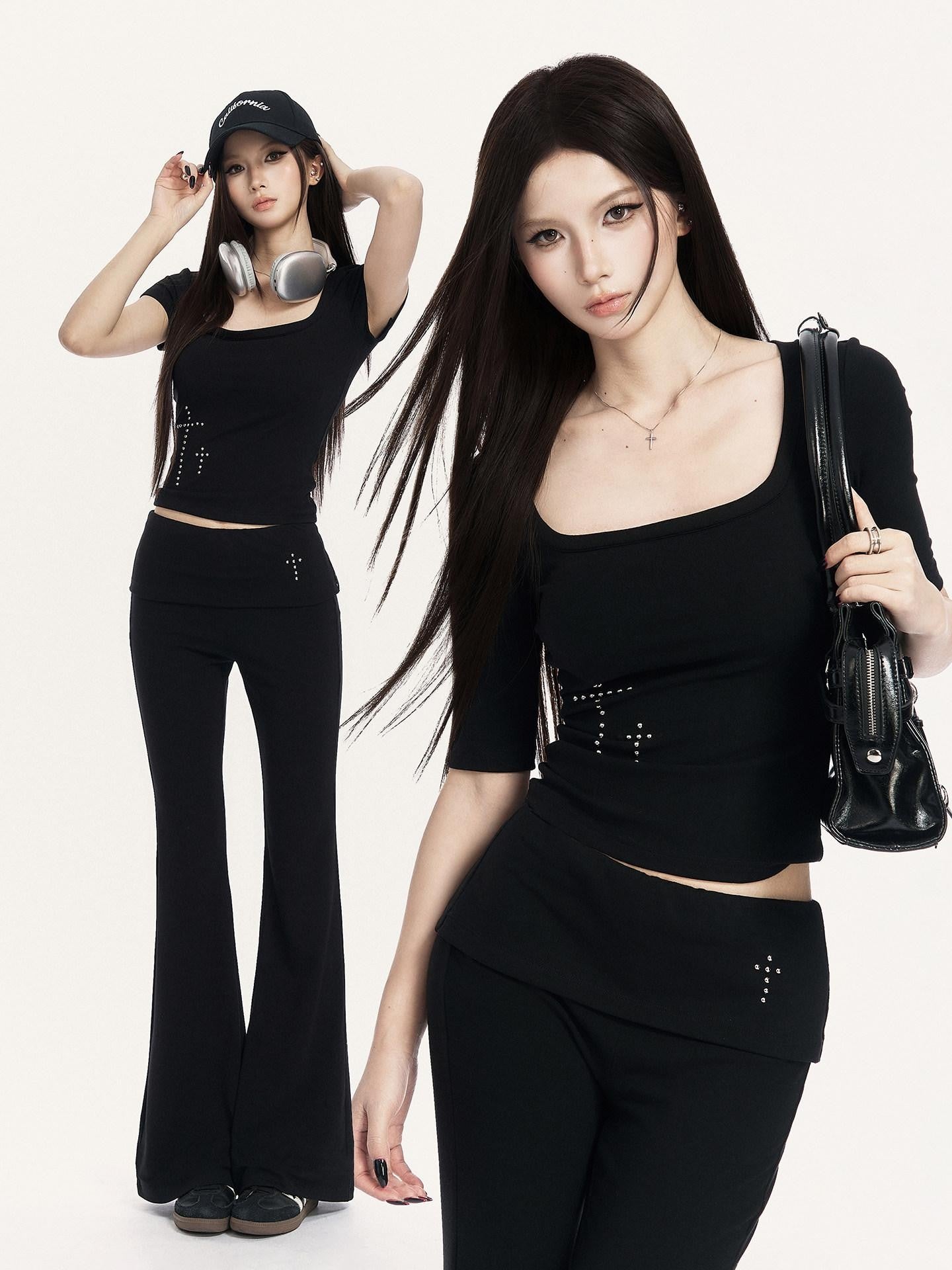 VOCK Square Neck Slim Fit Elastic Wide Fold Hem Women's Flare Pants