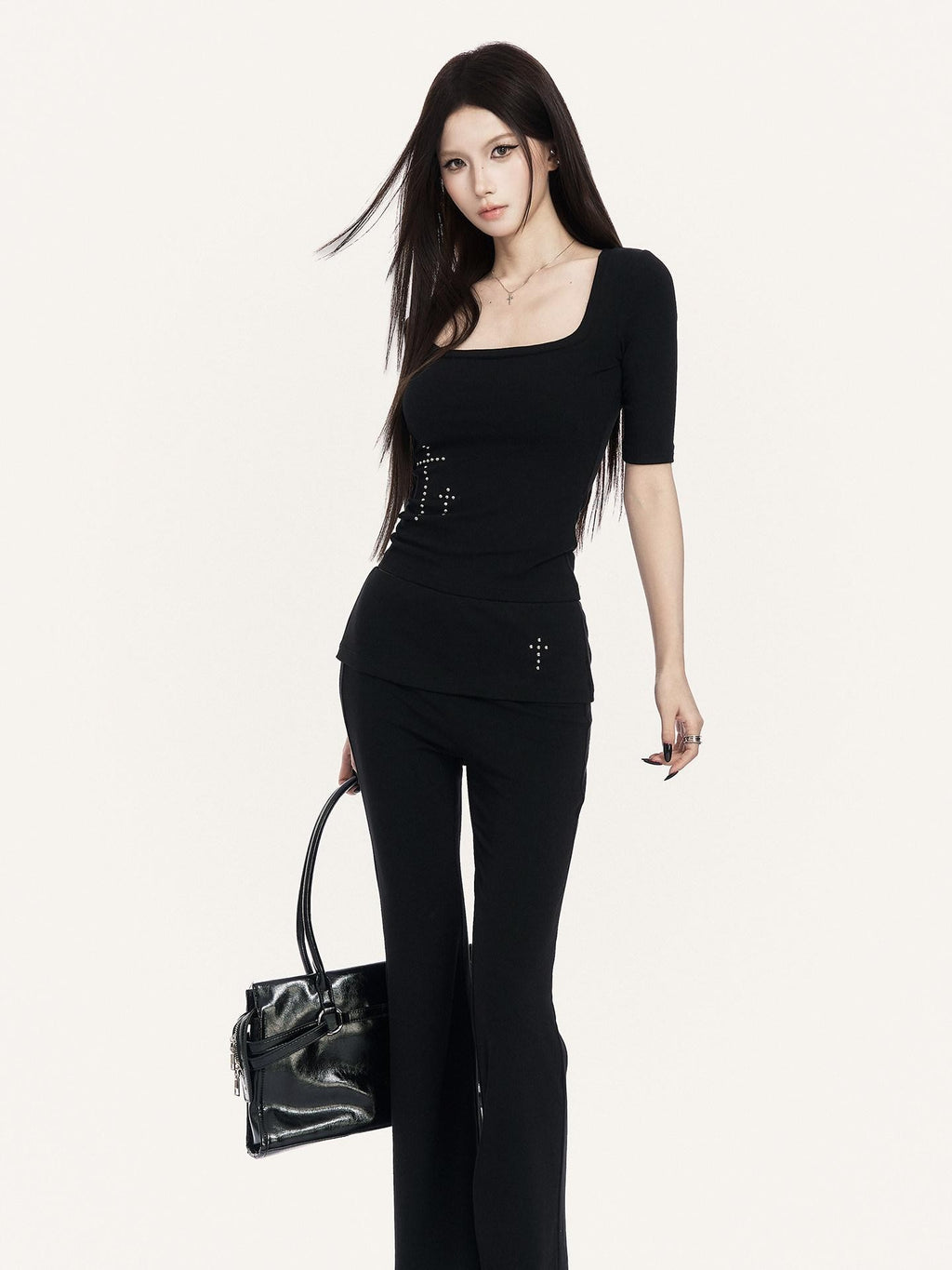 VOCK Square Neck Slim Fit Elastic Wide Fold Hem Women's Flare Pants