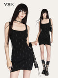 VOCK Square Neck Strappy Linear Bodycon Knit Women's Cotton Spandex Slip Mini Dresses