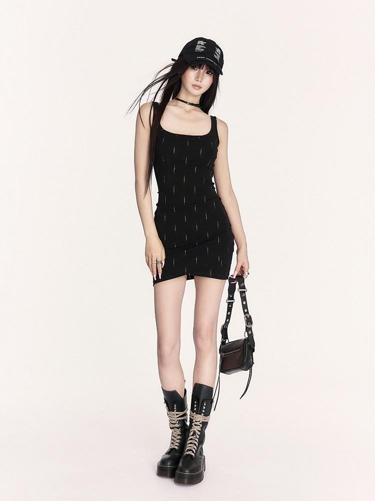 VOCK Square Neck Strappy Linear Bodycon Knit Women's Cotton Spandex Slip Mini Dresses