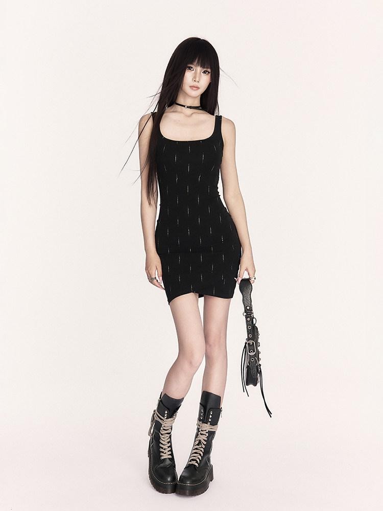 VOCK Square Neck Strappy Linear Bodycon Knit Women's Cotton Spandex Slip Mini Dresses