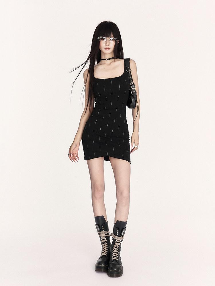VOCK Square Neck Strappy Linear Bodycon Knit Women's Cotton Spandex Slip Mini Dresses