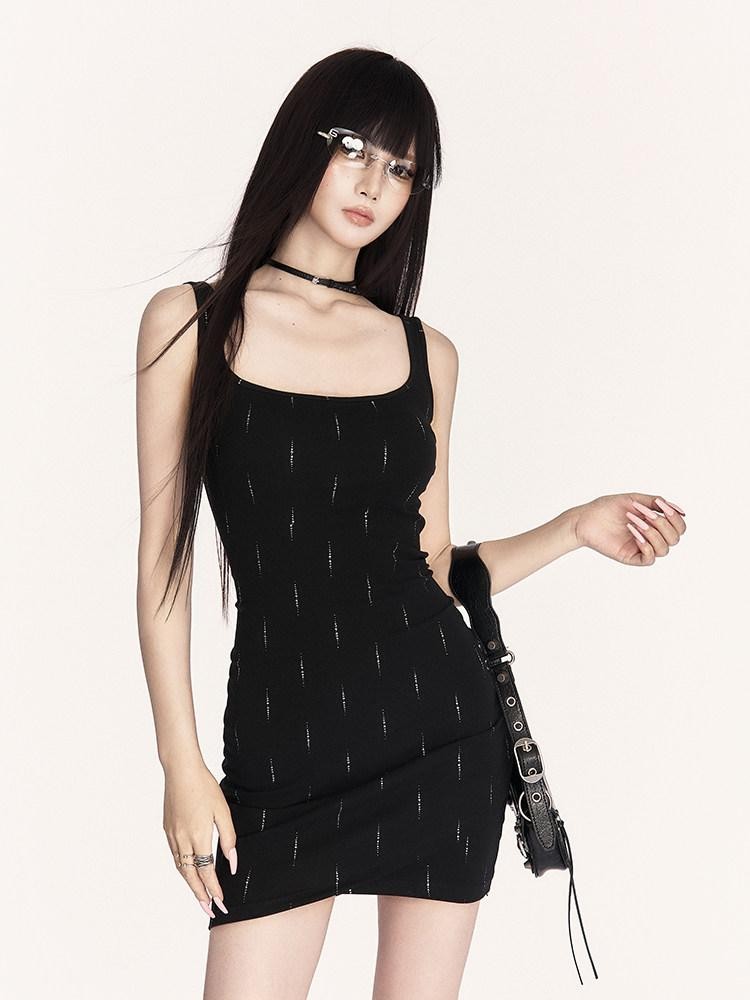 VOCK Square Neck Strappy Linear Bodycon Knit Women's Cotton Spandex Slip Mini Dresses