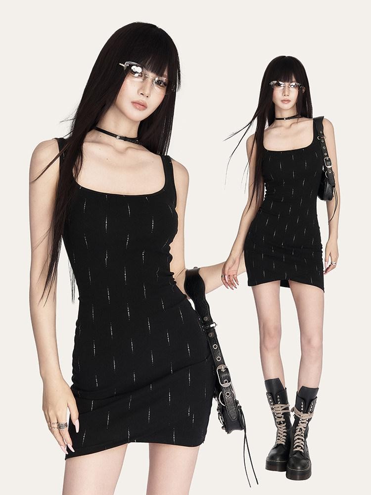 VOCK Square Neck Strappy Linear Bodycon Knit Women's Cotton Spandex Slip Mini Dresses