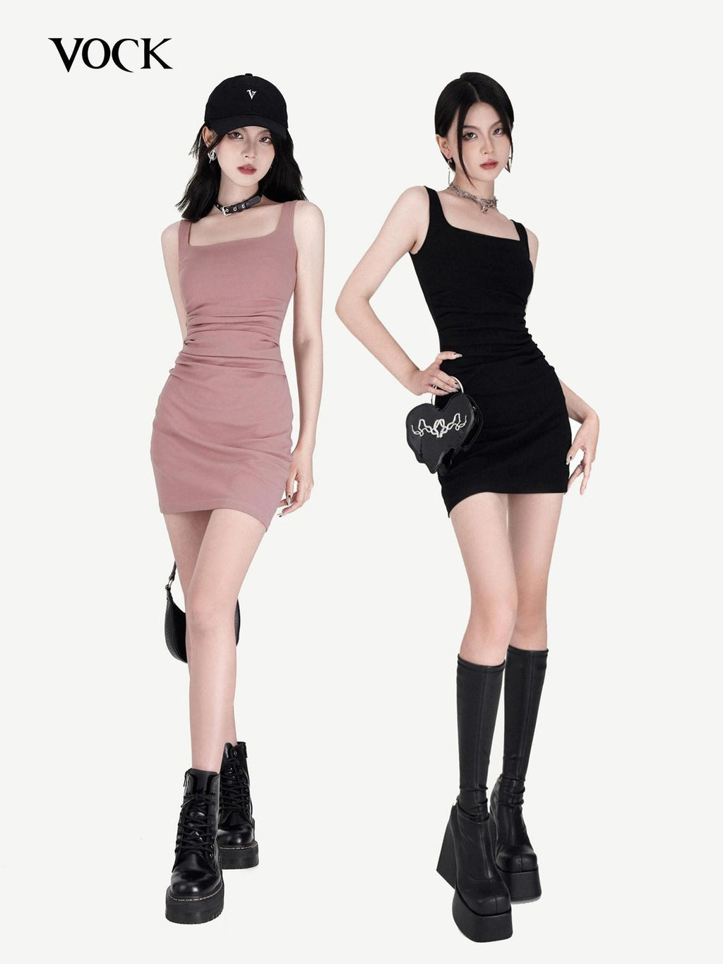 VOCK Square Neck Strappy Ruching Women's Cotton Blend Bodycon Mini Dresses