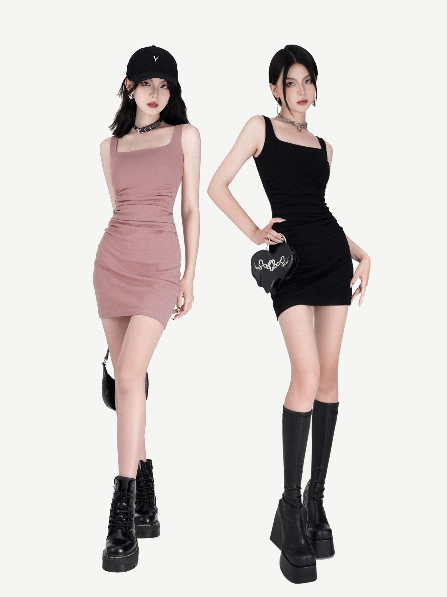 VOCK Square Neck Strappy Ruching Women's Cotton Blend Bodycon Mini Dresses