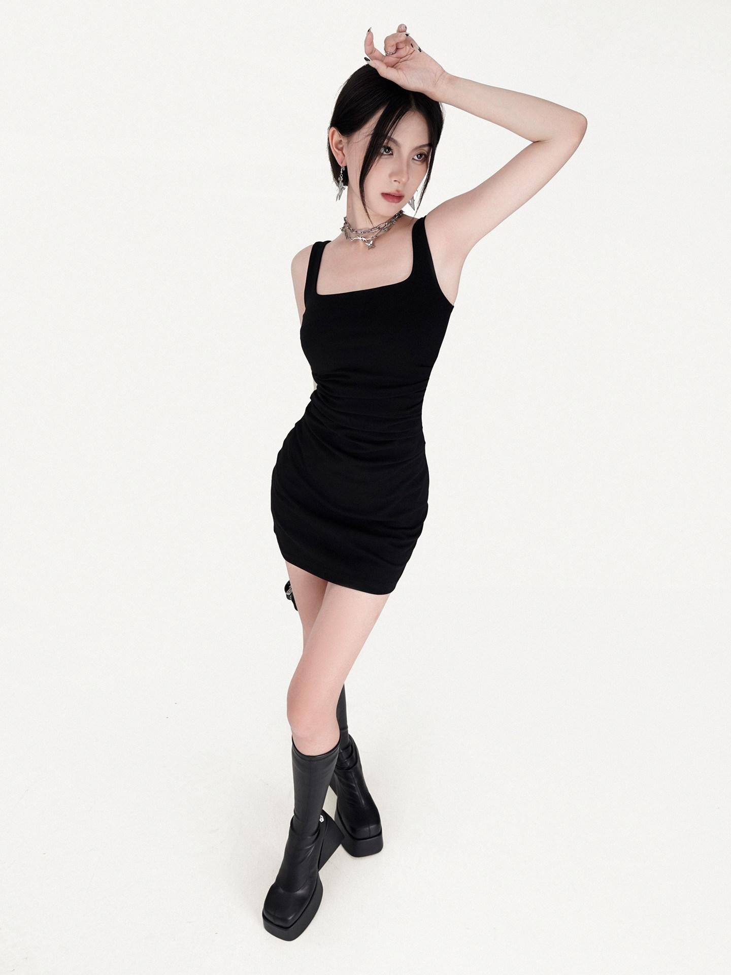 VOCK Square Neck Strappy Ruching Women's Cotton Blend Bodycon Mini Dresses