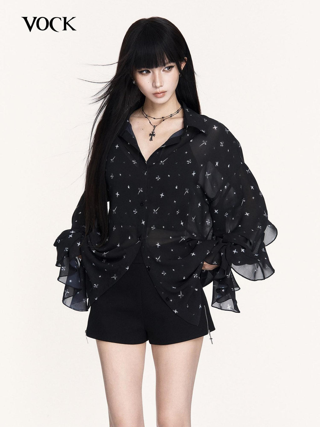 VOCK Star Print Asymmetric Ruffle Long Sleeve Midlength Women's Chiffon Sheer Shirts