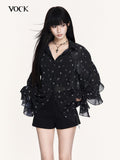 VOCK Star Print Asymmetric Ruffle Long Sleeve Midlength Women's Chiffon Sheer Shirts