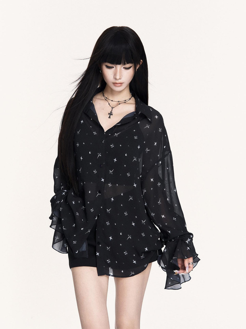 VOCK Star Print Asymmetric Ruffle Long Sleeve Midlength Women's Chiffon Sheer Shirts
