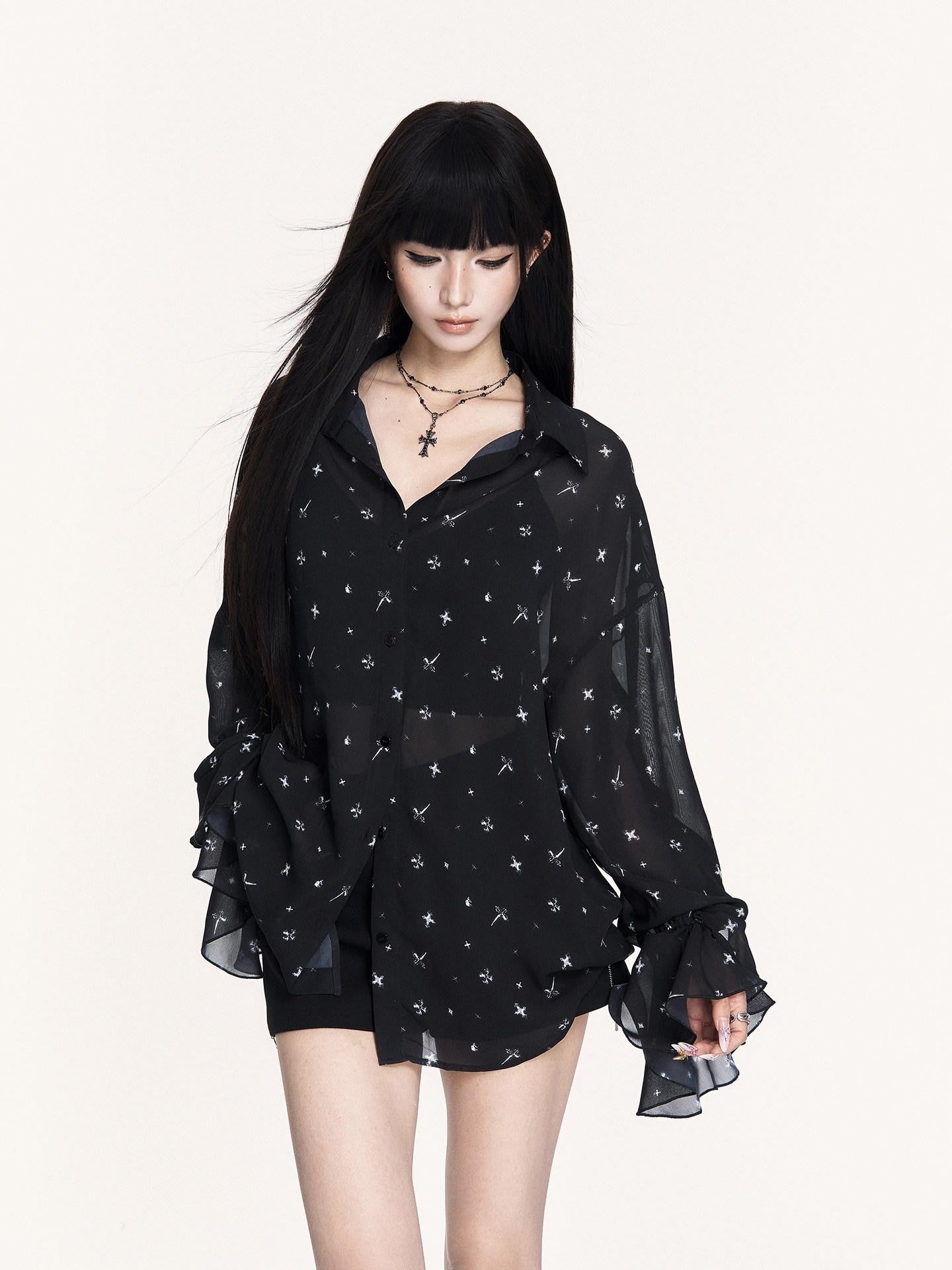 VOCK Star Print Asymmetric Ruffle Long Sleeve Midlength Women's Chiffon Sheer Shirts