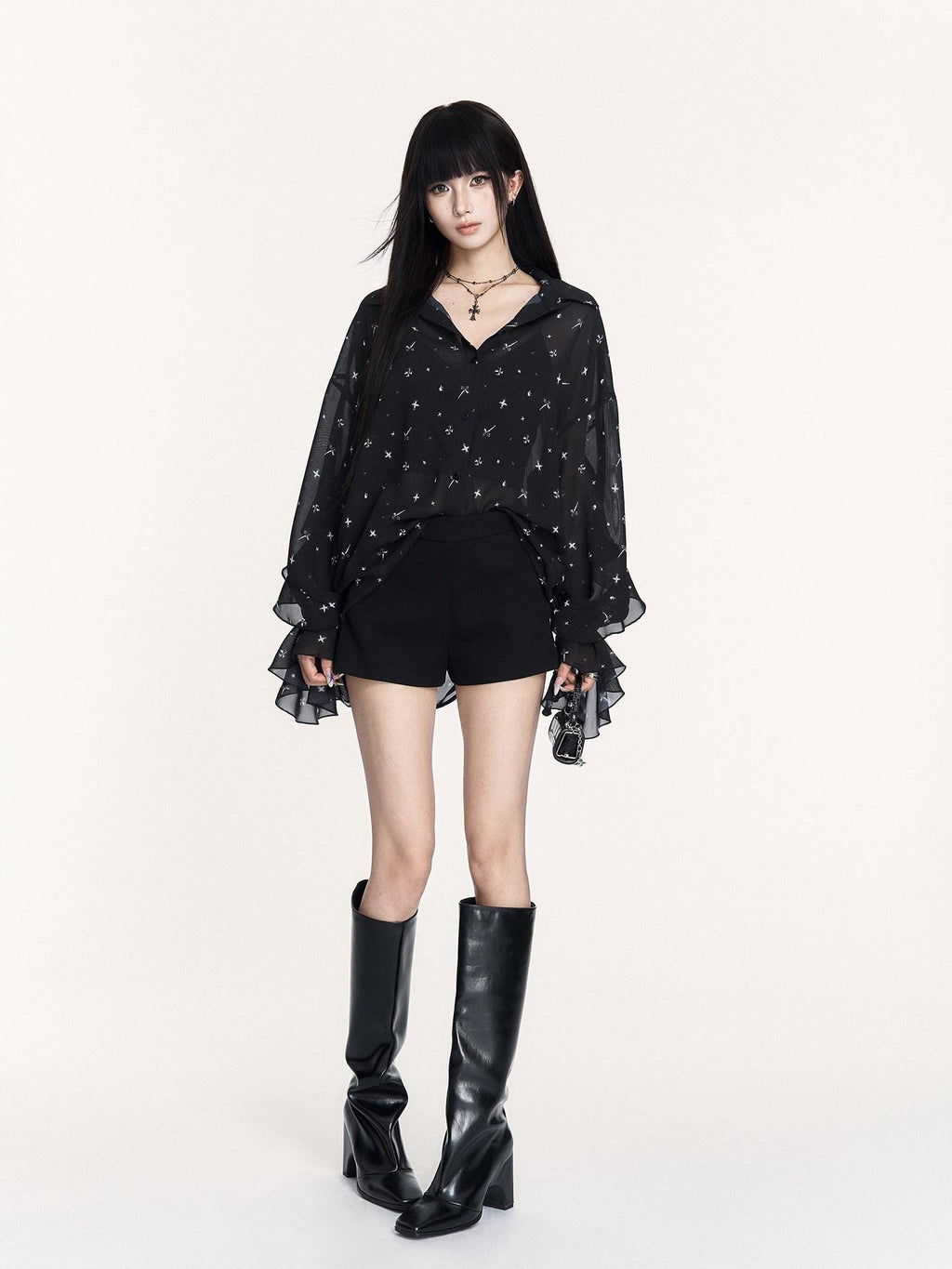 VOCK Star Print Asymmetric Ruffle Long Sleeve Midlength Women's Chiffon Sheer Shirts