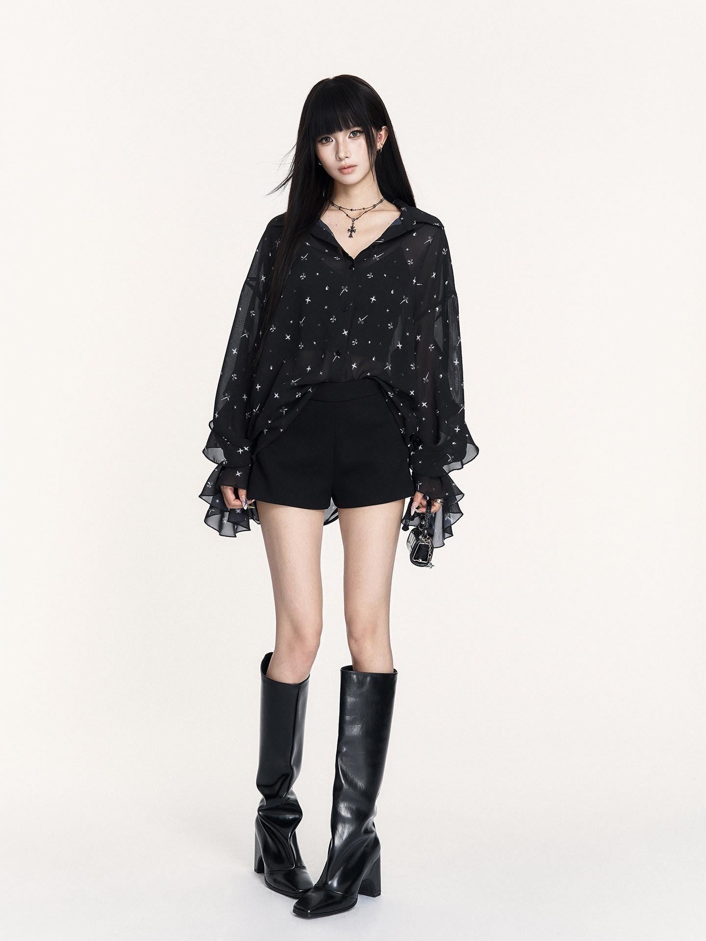 VOCK Star Print Asymmetric Ruffle Long Sleeve Midlength Women's Chiffon Sheer Shirts