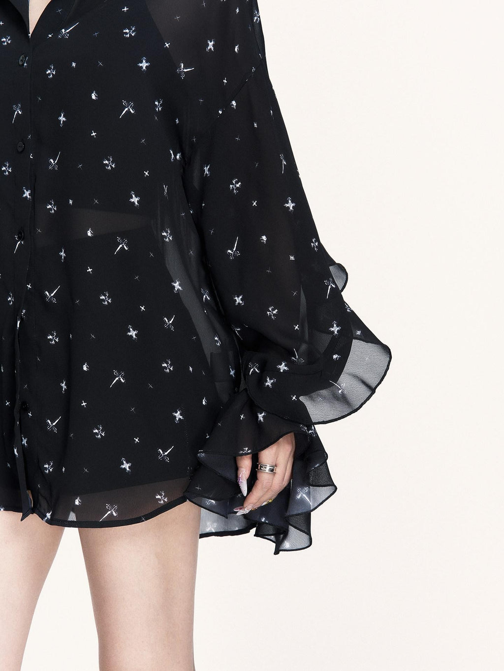 VOCK Star Print Asymmetric Ruffle Long Sleeve Midlength Women's Chiffon Sheer Shirts