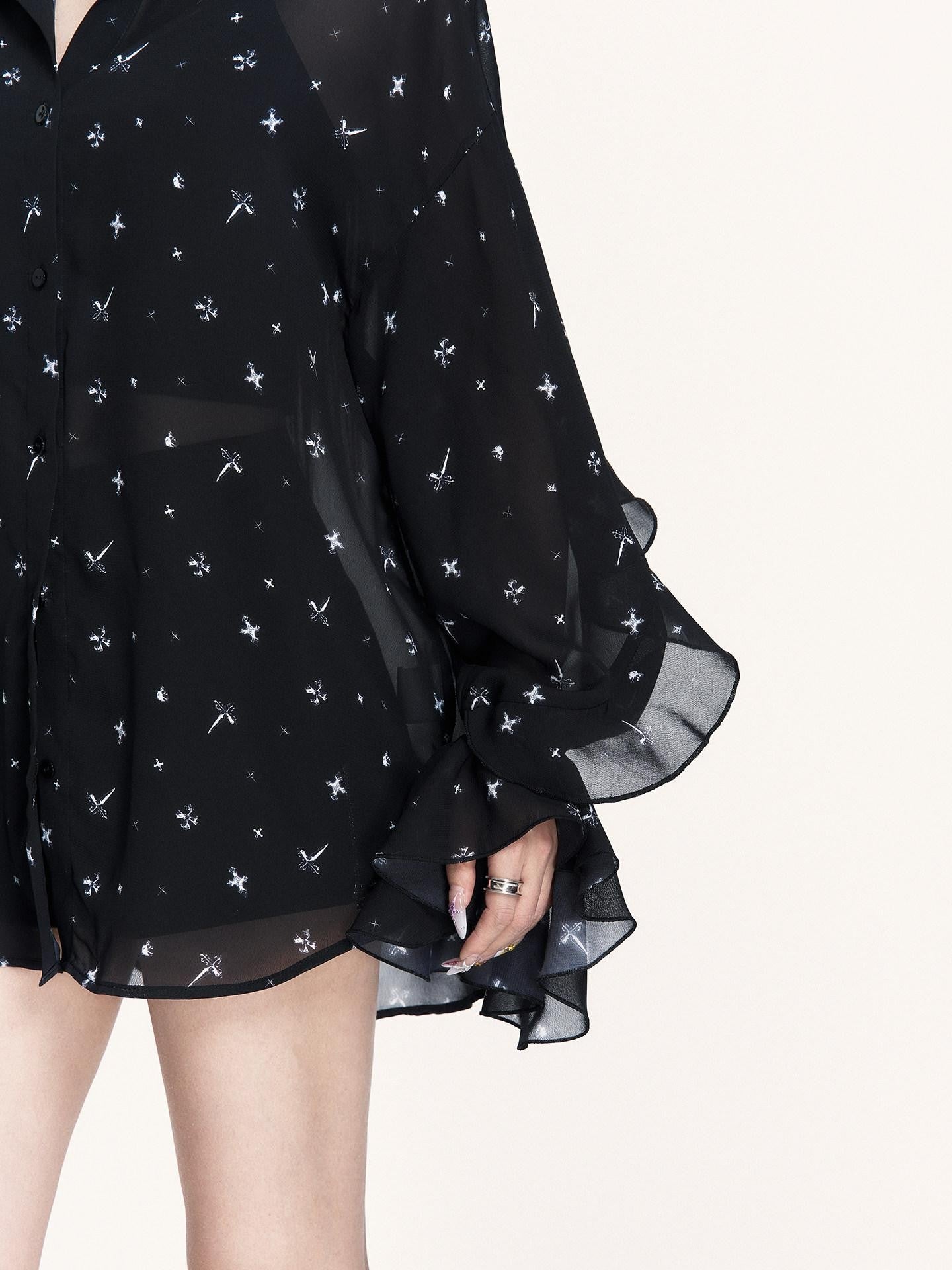 VOCK Star Print Asymmetric Ruffle Long Sleeve Midlength Women's Chiffon Sheer Shirts