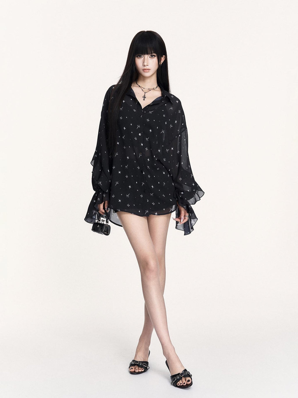 VOCK Star Print Asymmetric Ruffle Long Sleeve Midlength Women's Chiffon Sheer Shirts