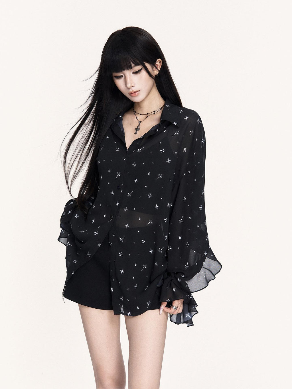VOCK Star Print Asymmetric Ruffle Long Sleeve Midlength Women's Chiffon Sheer Shirts