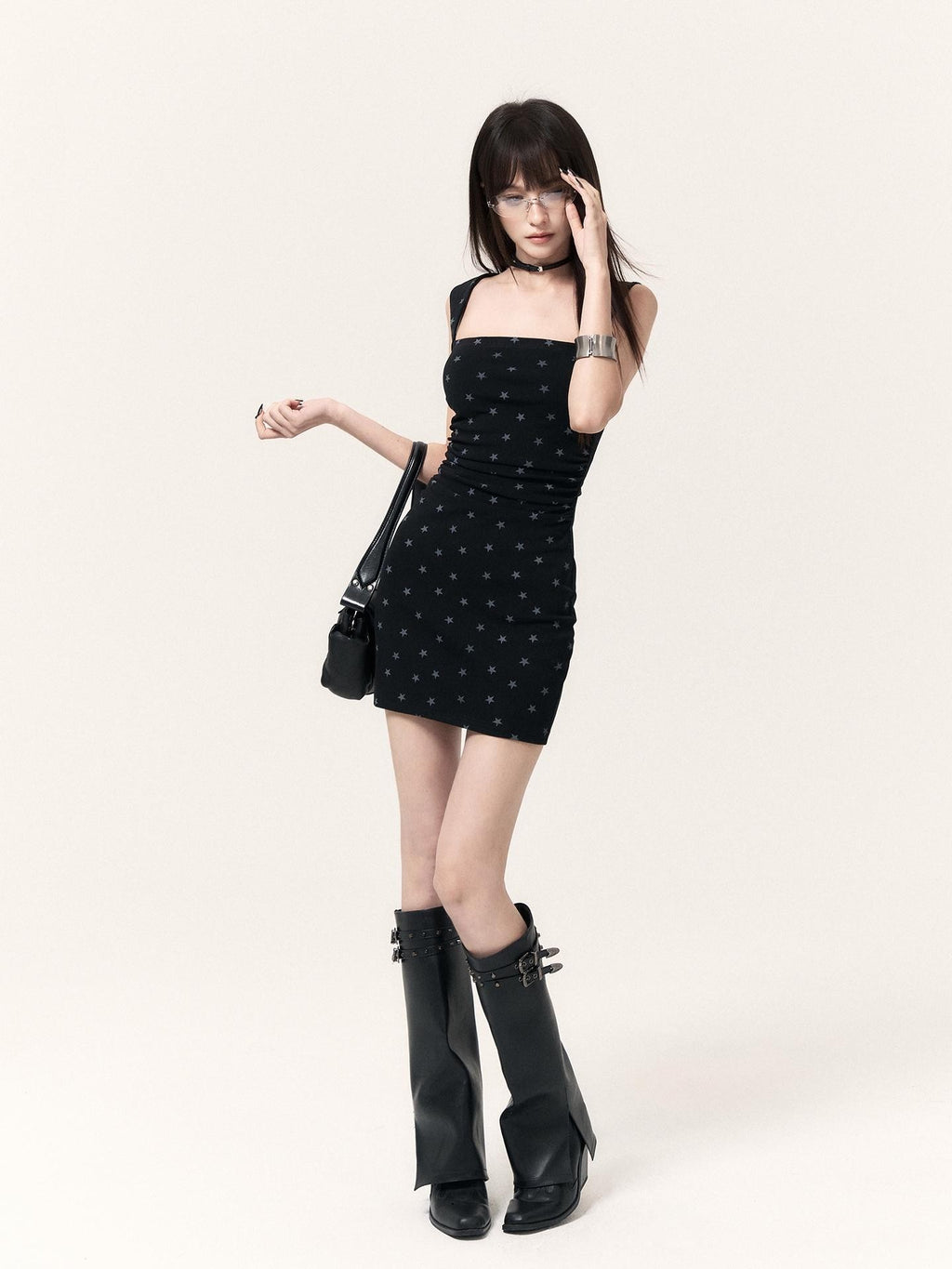 VOCK Star Print Knit Square Neck Bodycon Women's Slip Mini Dresses