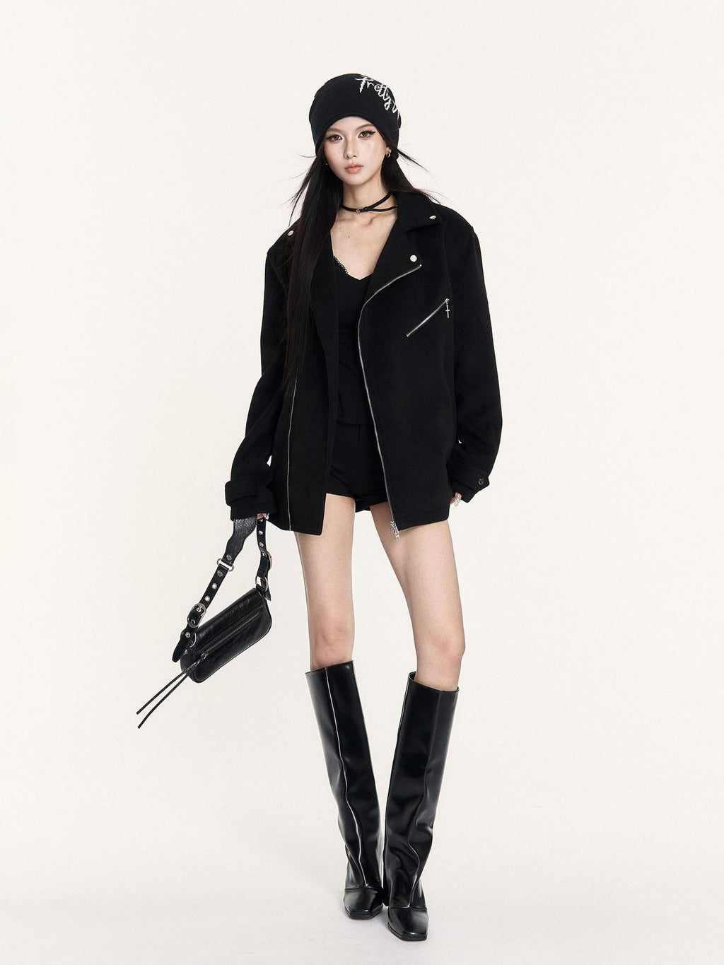 VOCK Street Biker Hourglass Waist Zipper Lapel Women's Wool Blend Short Coats
