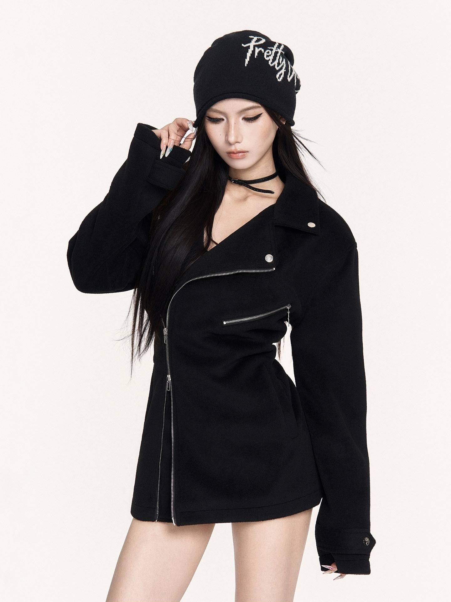VOCK Street Biker Hourglass Waist Zipper Lapel Women's Wool Blend Short Coats