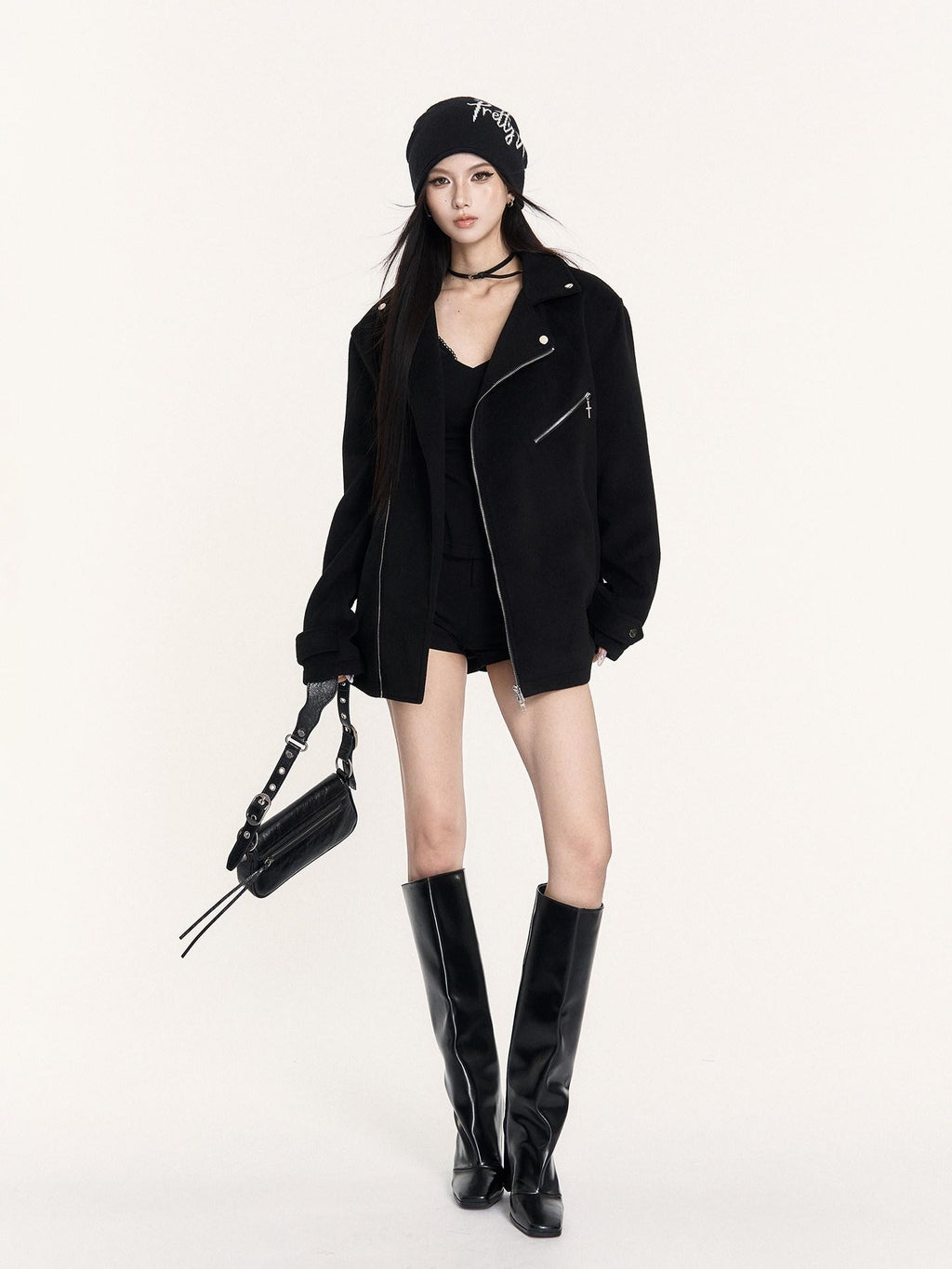 VOCK Street Biker Hourglass Waist Zipper Lapel Women's Wool Blend Short Coats