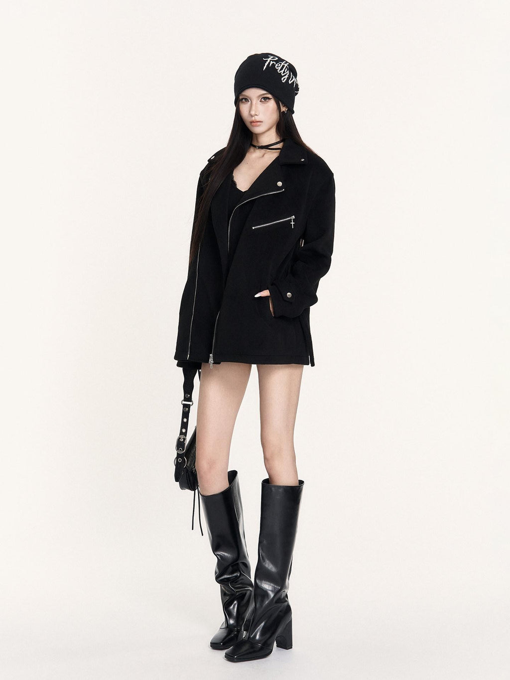 VOCK Street Biker Hourglass Waist Zipper Lapel Women's Wool Blend Short Coats