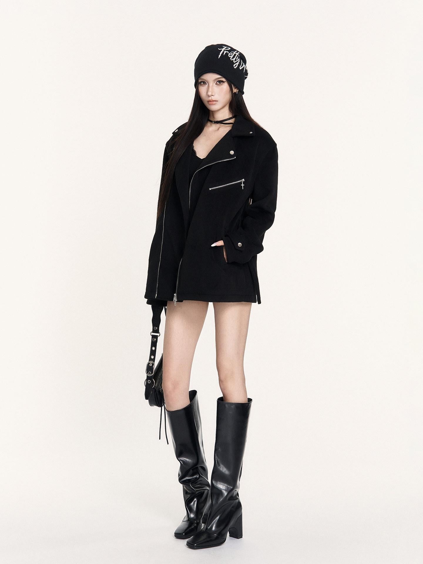 VOCK Street Biker Hourglass Waist Zipper Lapel Women's Wool Blend Short Coats