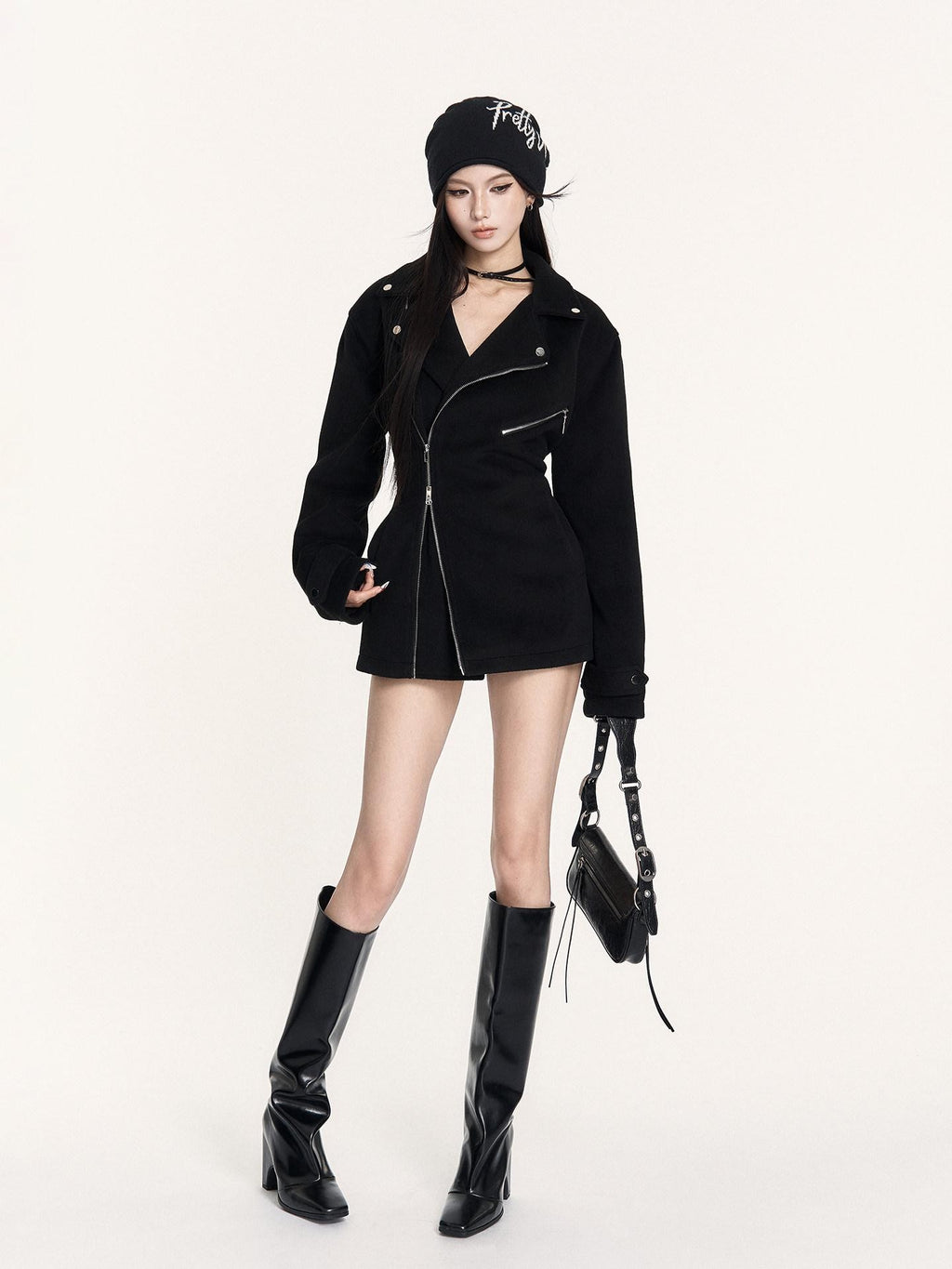 VOCK Street Biker Hourglass Waist Zipper Lapel Women's Wool Blend Short Coats