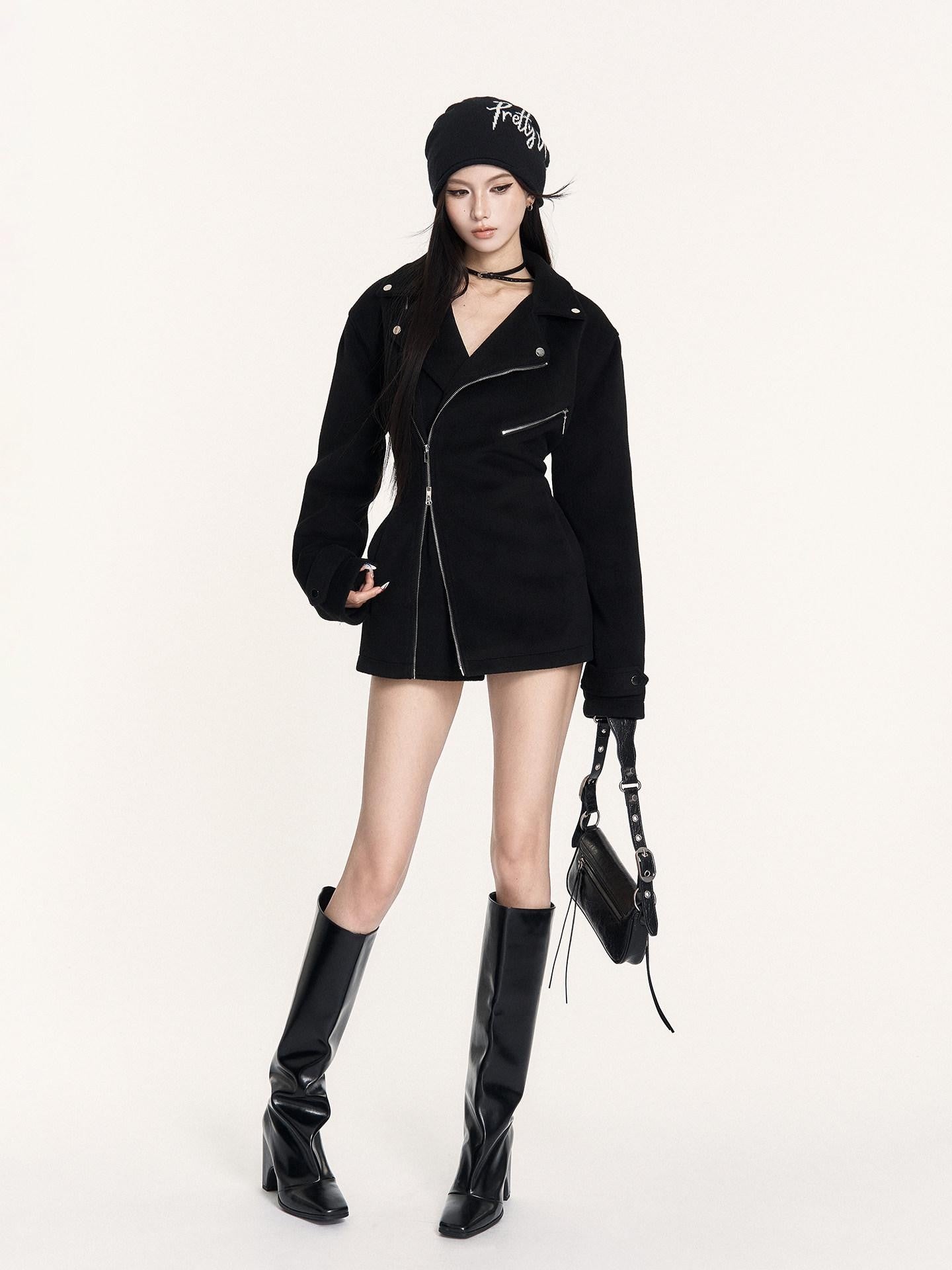 VOCK Street Biker Hourglass Waist Zipper Lapel Women's Wool Blend Short Coats