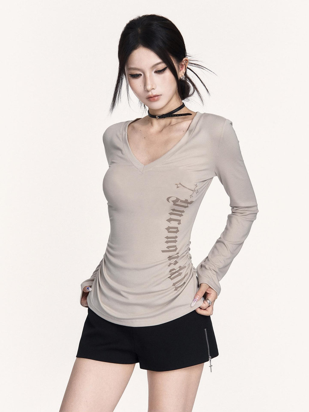 VOCK Street Style V-neck Printed Slim Fit Women's Cotton Blend Long Sleeve T-shirts