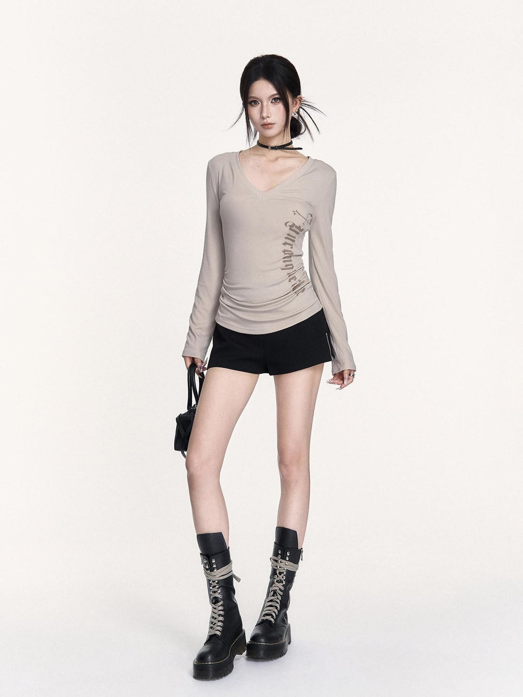 VOCK Street Style V-neck Printed Slim Fit Women's Cotton Blend Long Sleeve T-shirts
