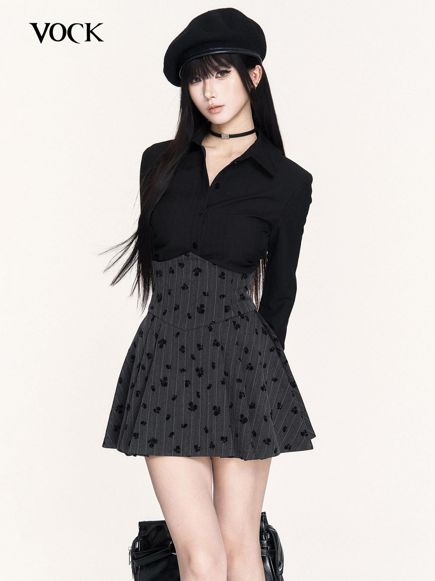 VOCK Striped Herringbone High Waist Pleated Women's Polyester Mini Skirts