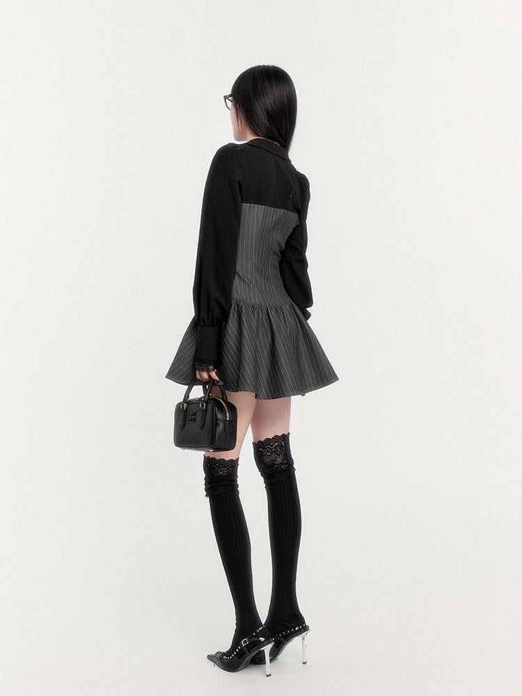 VOCK Striped Waist Cinch Blazer Shirtdress Women's Cotton Blend Matching Skirt Sets