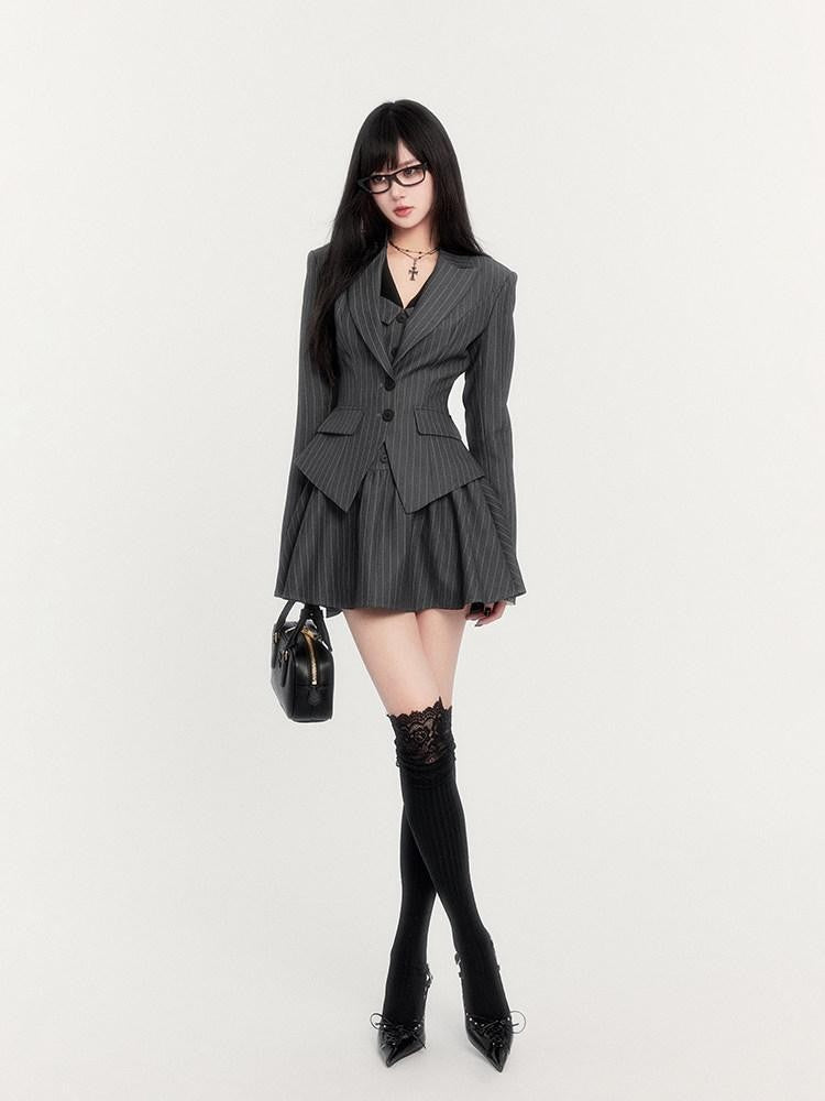 VOCK Striped Waist Cinch Blazer Shirtdress Women's Cotton Blend Matching Skirt Sets