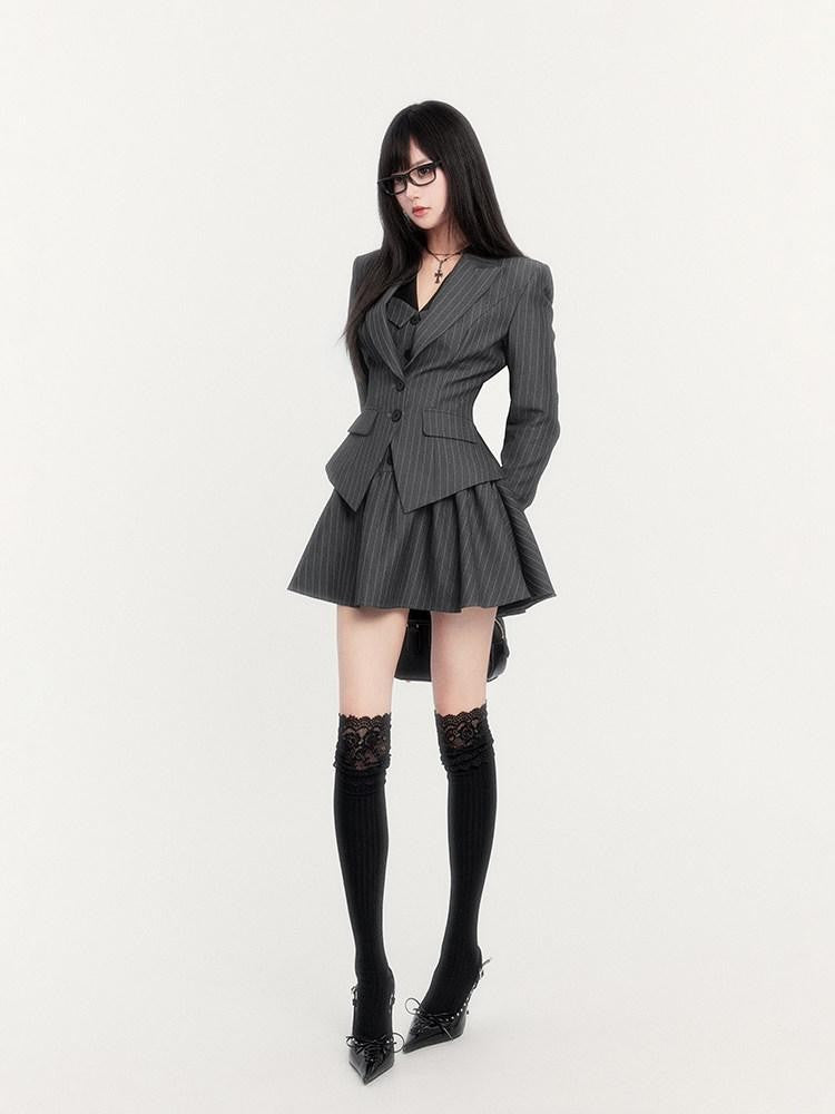 VOCK Striped Waist Cinch Blazer Shirtdress Women's Cotton Blend Matching Skirt Sets