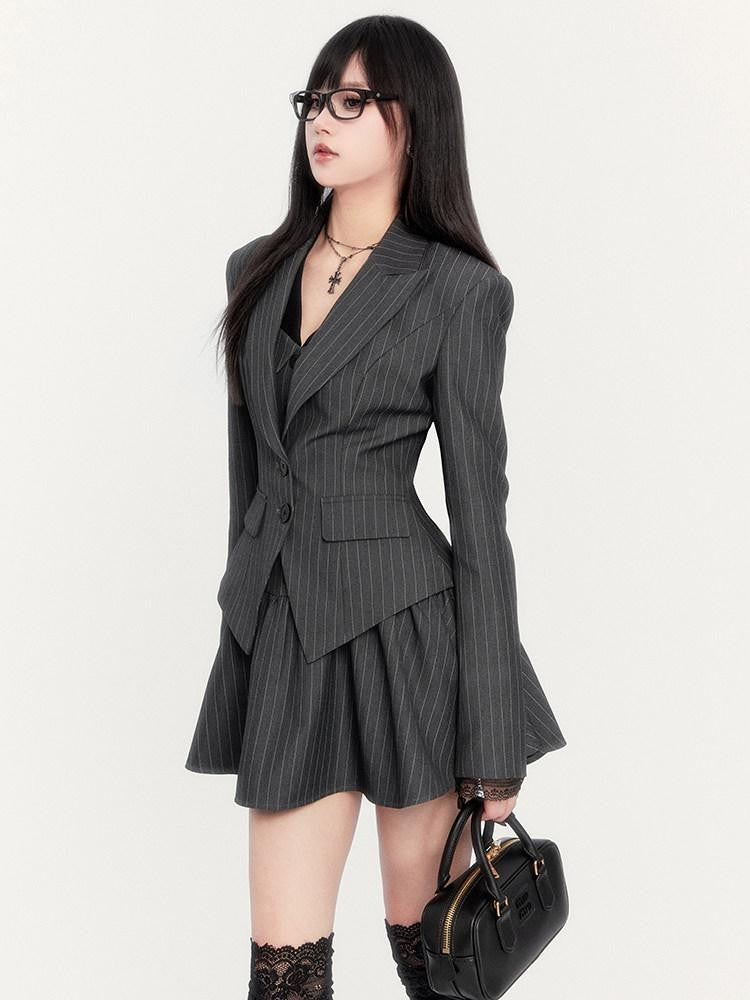 VOCK Striped Waist Cinch Blazer Shirtdress Women's Cotton Blend Matching Skirt Sets