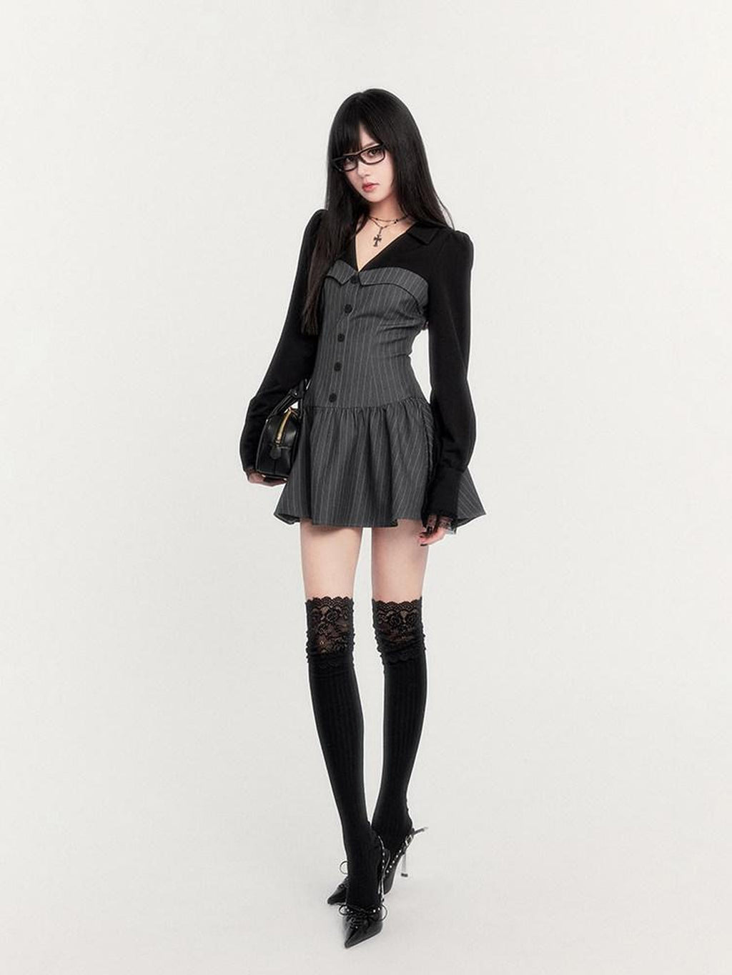 VOCK Striped Waist Cinch Blazer Shirtdress Women's Cotton Blend Matching Skirt Sets