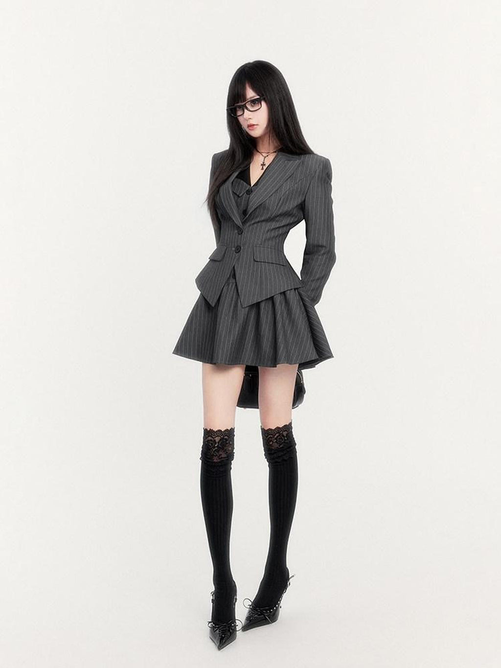 VOCK Striped Waist Cinch Blazer Shirtdress Women's Cotton Blend Matching Skirt Sets