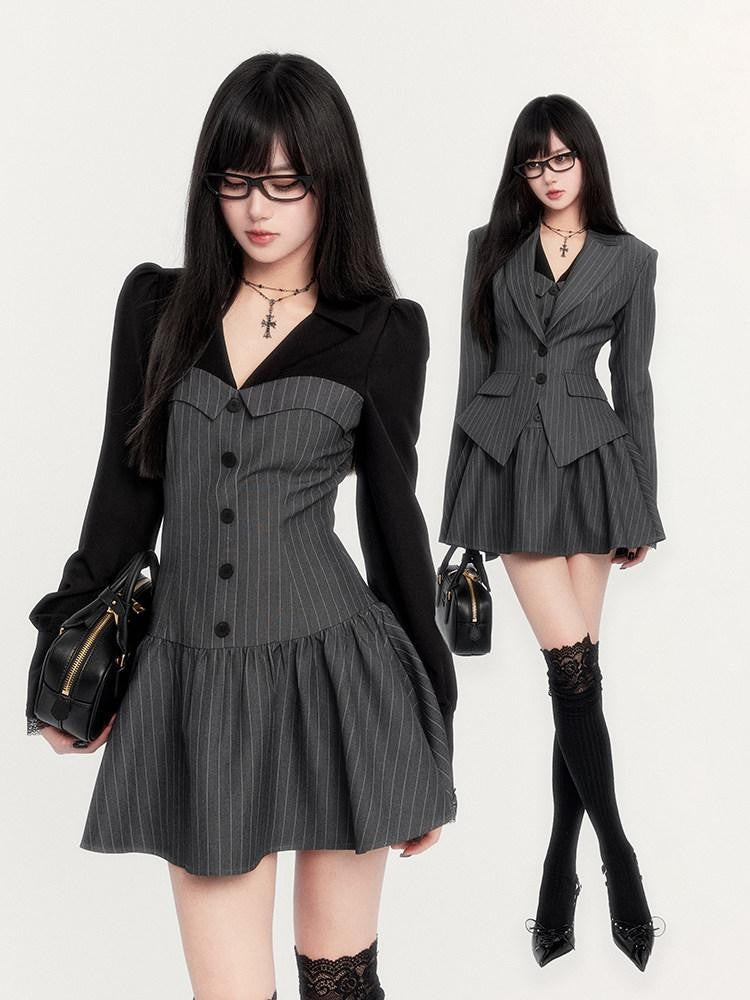 VOCK Striped Waist Cinch Blazer Shirtdress Women's Cotton Blend Matching Skirt Sets