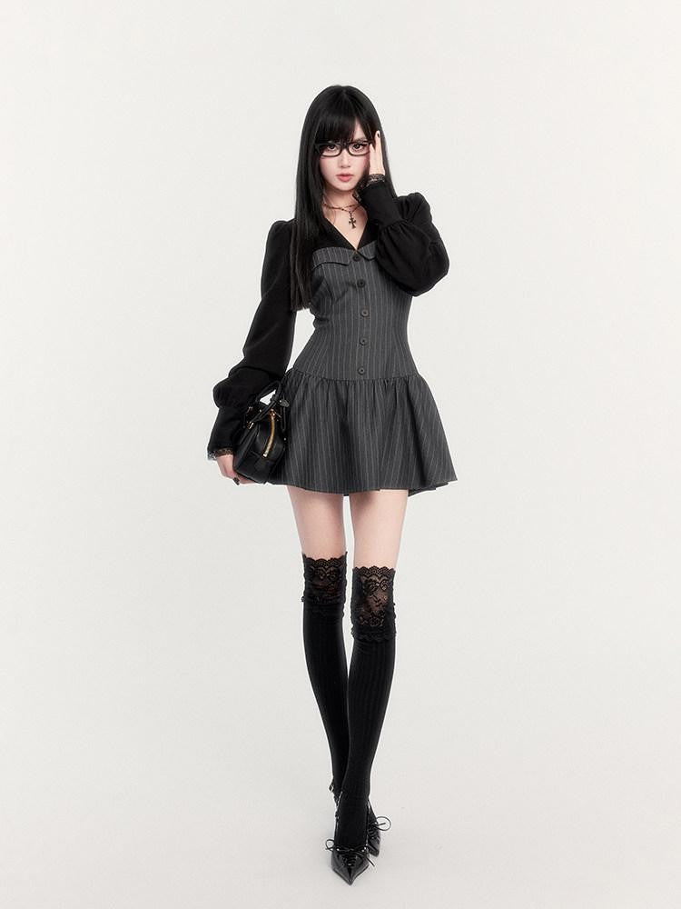 VOCK Striped Waist Cinch Blazer Shirtdress Women's Cotton Blend Matching Skirt Sets